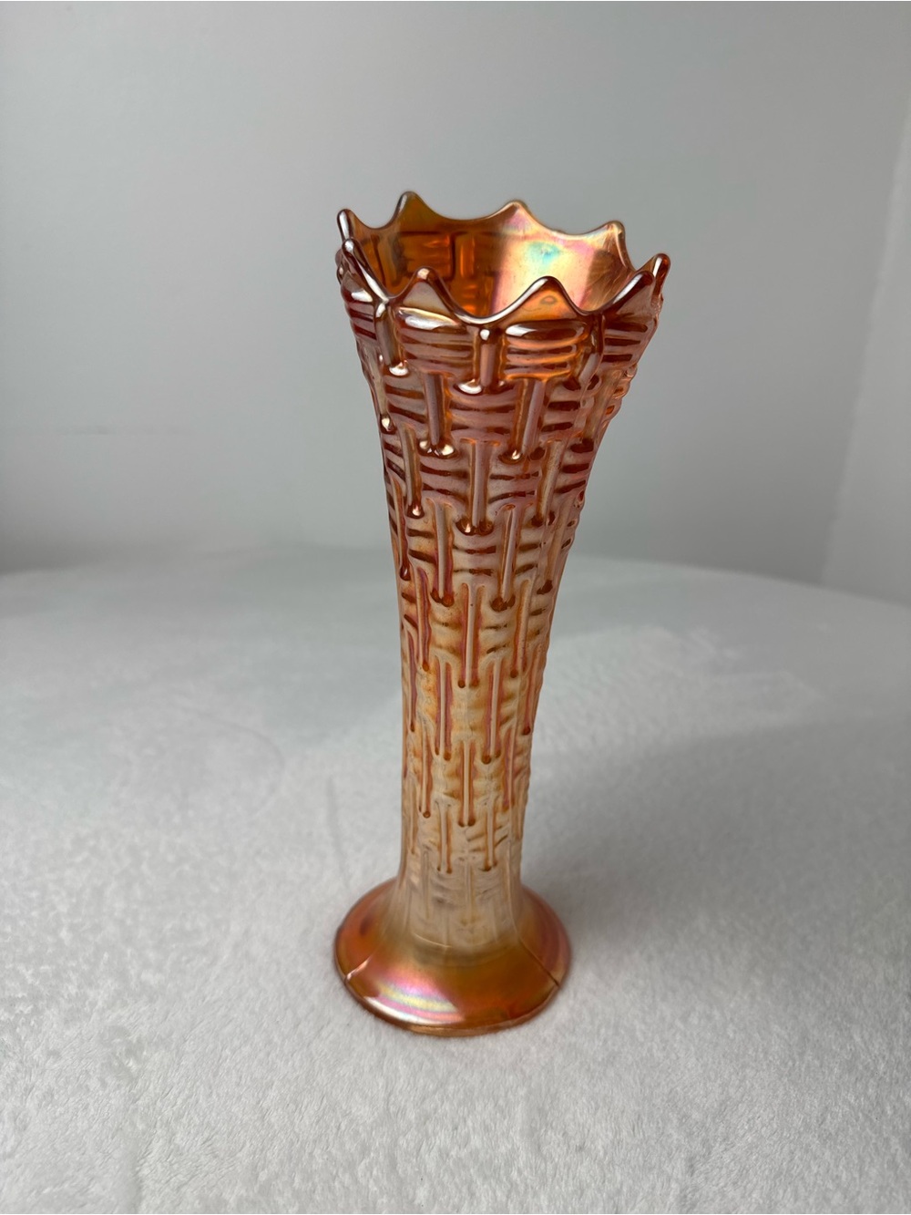 Vintage Dugan 1900’s Carnival Glass Big Basketweave Iridescent Marigold Vase 10”